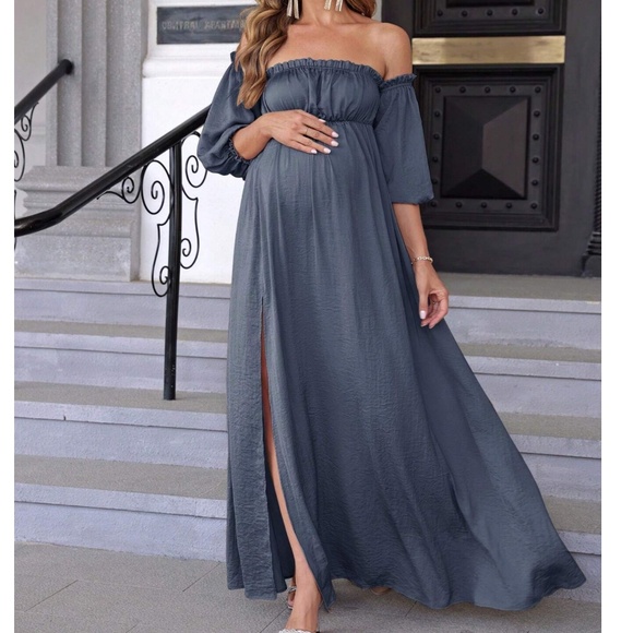 Maternity Off Shoulder 3/4 Sleeve Split Leg Party Occasion Maxi Dress - Picture 10 of 11